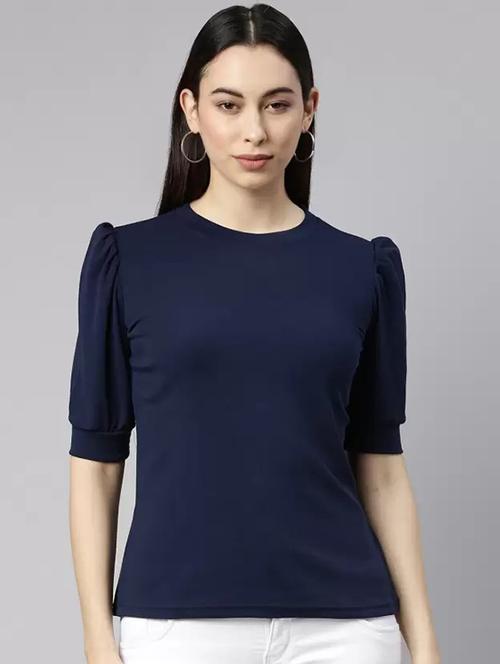 blue round neck puff sleeves regular top - 19865459 - Very Small Image - 1