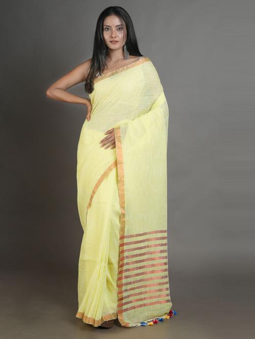 yellow linen saree with blouse - 19865873 - Very Small Image - 1