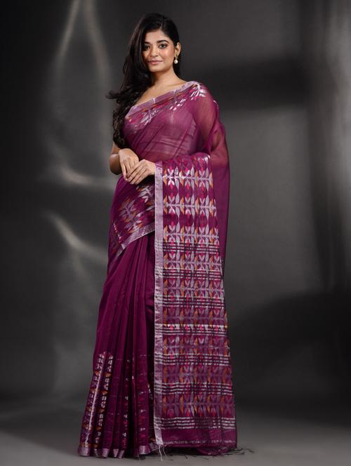 magenta cotton blend saree with blouse - 19865942 - Very Small Image - 1