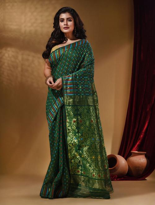 green cotton saree with blouse - 19866061 - Very Small Image - 1