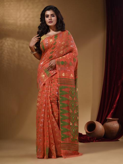 orange self design woven saree with blouse - 19866355 - Very Small Image - 1