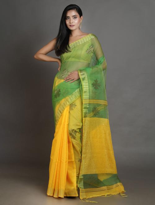 yellow self design woven saree with blouse - 19866630 - Very Small Image - 1