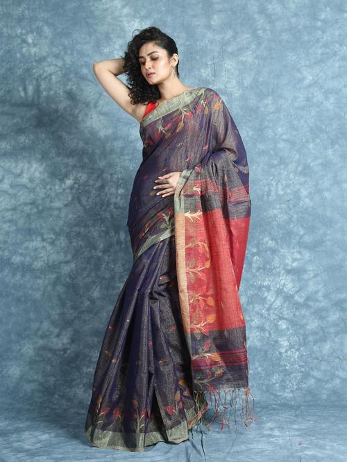 women's self design blue colored saree with blouse - 19866690 - Very Small Image - 1