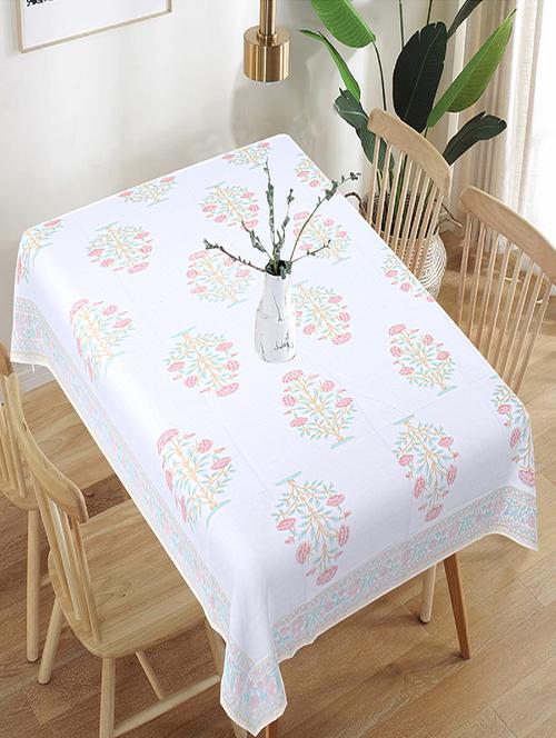 texstylers floral white base cotton 6 seater 60x90 inches rectangular dining table cloth - 19866742 - Very Small Image - 1