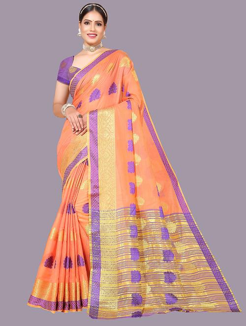 women's self design orange colored saree with blouse - 19866914 - Very Small Image - 1