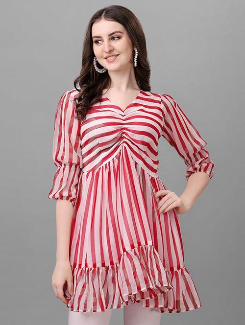 red striped v-neck ruffle long top - 19868975 - Very Small Image - 1