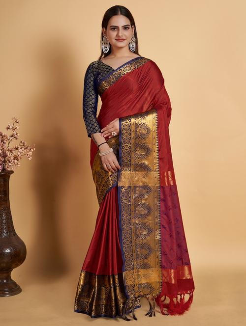 contrast bordered banarasi saree with blouse - 19869429 - Very Small Image - 1