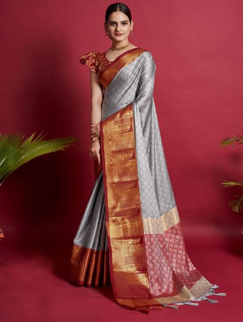 contrast bordered banarasi saree with blouse - 19869454 - Very Small Image - 1