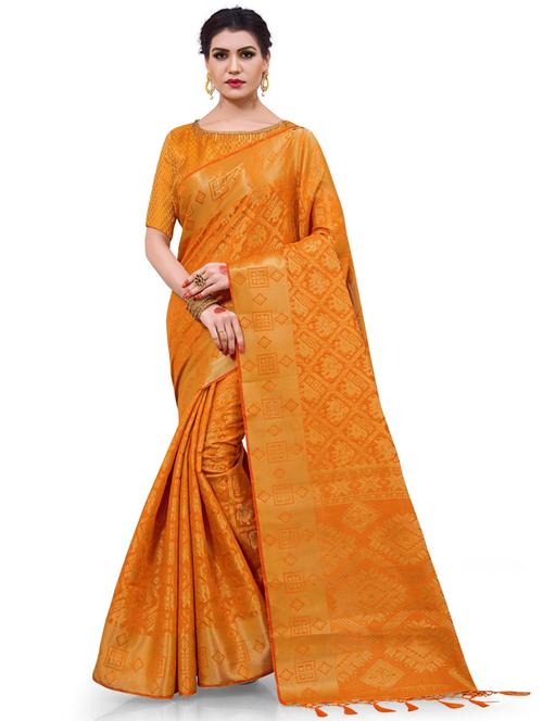yellow silk blend banarasi saree with blouse - 19875383 - Very Small Image - 1