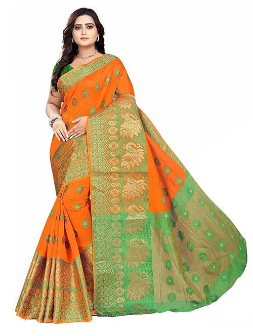 orange cotton blend kanjivaram saree with blouse - 19875393 - Very Small Image - 1