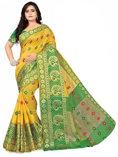 yellow cotton blend dharmavaram saree with blouse - 19875394 - Very Small Image - 1