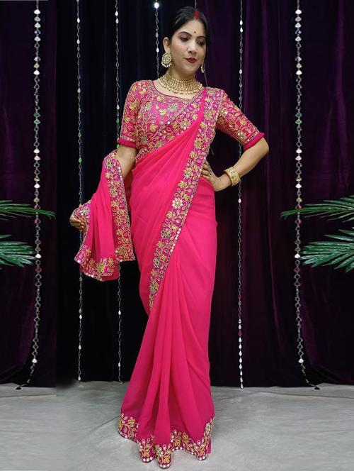 pink embroidered bordered saree with blouse - 19875425 - Very Small Image - 1