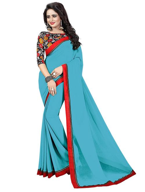 blue solid with border saree - 19875486 - Very Small Image - 1