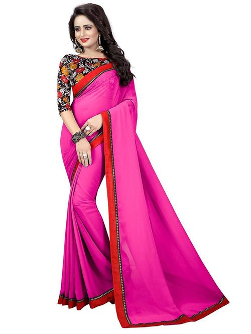 pink solid with border saree - 19875494 - Very Small Image - 1