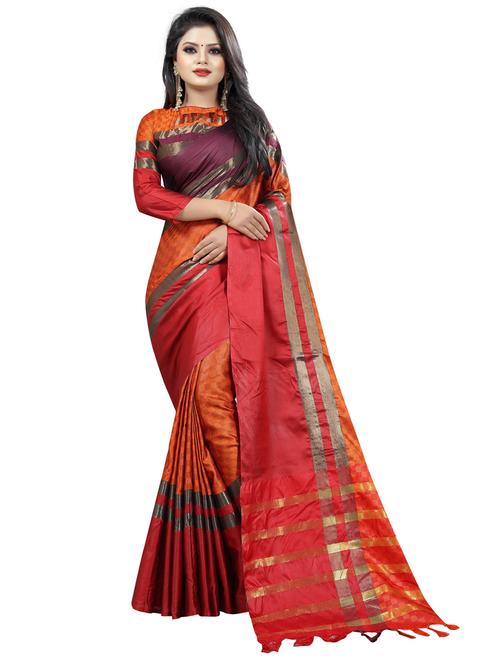 orange cotton blend saree with blouse - 19875522 - Very Small Image - 1