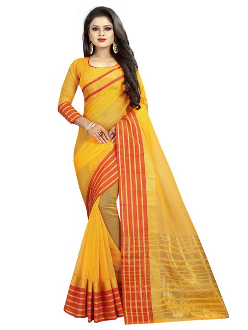 yellow cotton blend saree with blouse - 19875526 - Very Small Image - 1