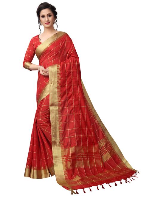 red cotton blend saree with blouse - 19875542 - Very Small Image - 1
