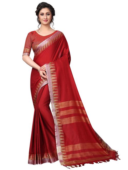 red cotton blend handloom saree with blouse - 19875560 - Very Small Image - 1