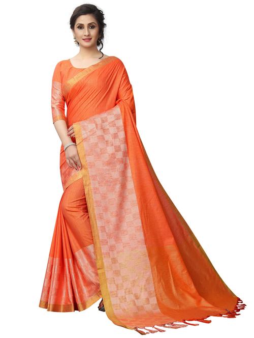 orange cotton blend saree with blouse - 19875572 - Very Small Image - 1