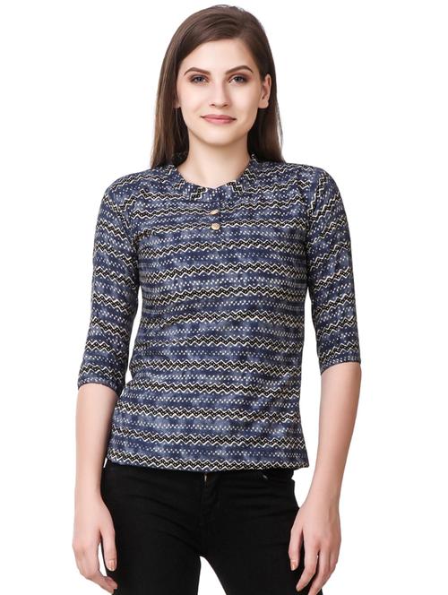 blue printed mandarin neck regular top - 19875585 - Very Small Image - 1