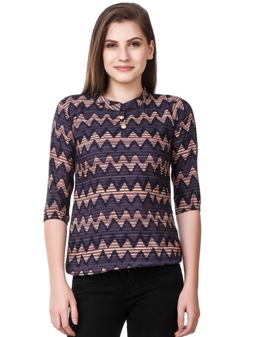 blue printed mandarin neck regular top - 19875586 - Very Small Image - 1