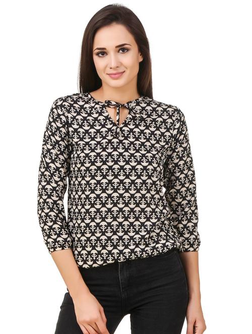 black printed tie-up neck regular top - 19875587 - Very Small Image - 1