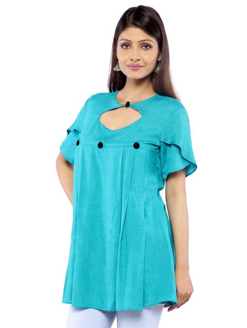 blue solid key hole neck regular tunic - 19875625 - Very Small Image - 1