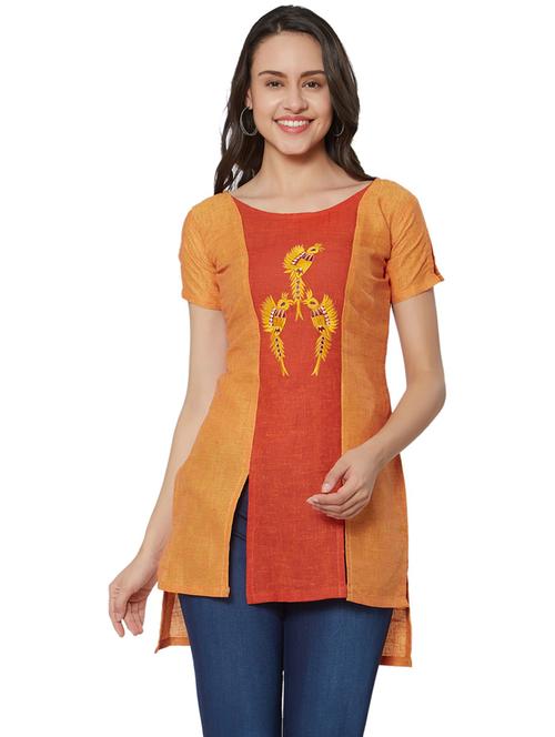 orange embroidered front slit regular tunic - 19875627 - Very Small Image - 1