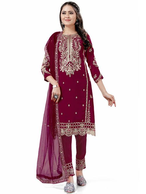 self design semi-stitched straight pant suits - 19876430 - Very Small Image - 1