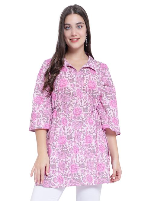pink floral print shirt collar a-line tunic - 19876530 - Very Small Image - 1