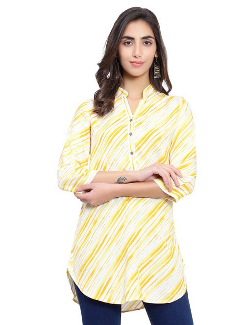 yellow printed mandarin neck regular tunic - 19876535 - Very Small Image - 1