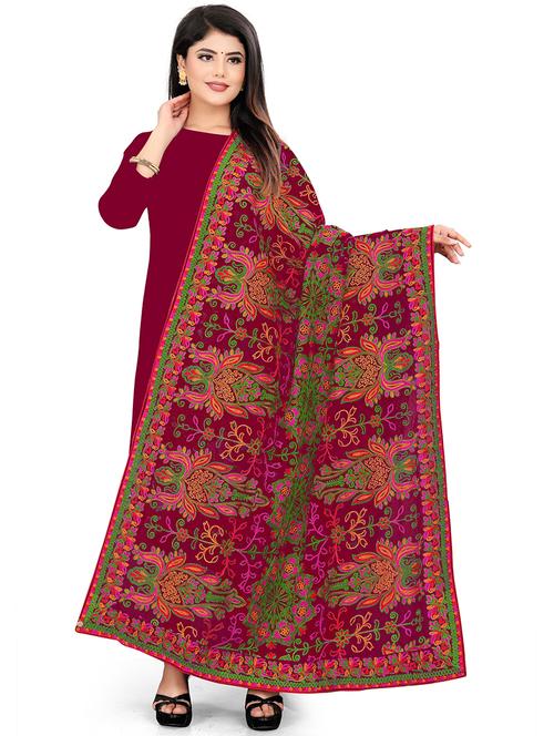 burgundy self designed embroidered dupatta - 19877626 - Very Small Image - 1
