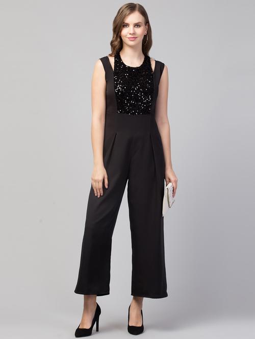 black sleeveless sequin work full leg jumpsuit - 19878334 - Very Small Image - 1