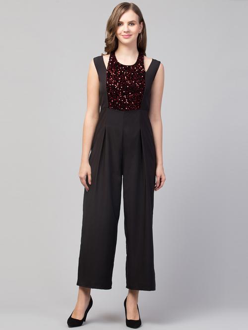 black sleeveless sequin work full leg jumpsuit - 19878338 - Very Small Image - 1