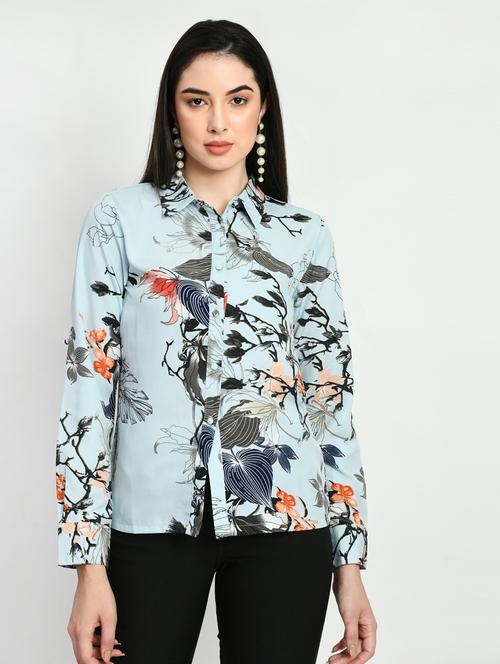 blue floral print long sleeves regular shirt - 19878353 - Very Small Image - 1