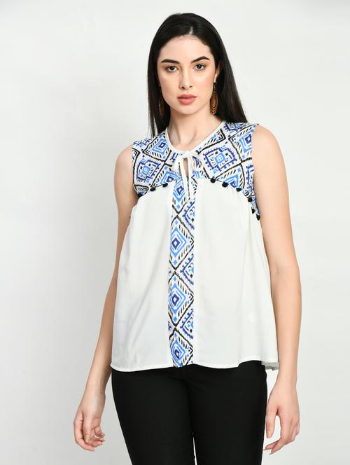 white printed tie-up neck regular top - 19878367 - Very Small Image - 1
