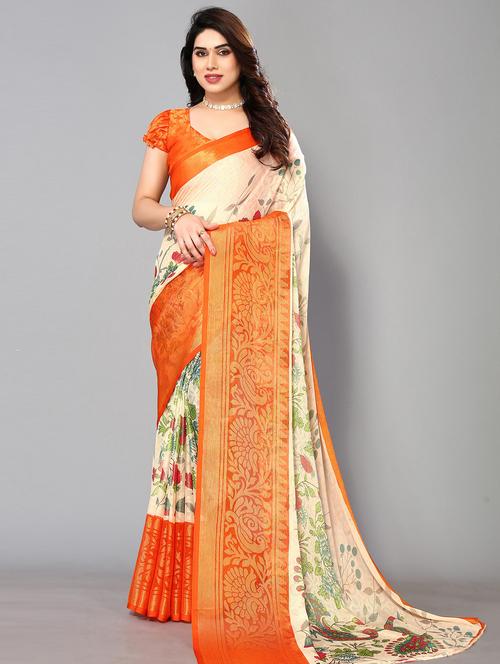 orange chiffon printed saree with blouse - 19878429 - Very Small Image - 1