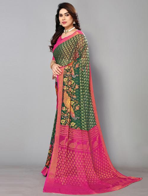 dark green chiffon printed saree with blouse - 19878434 - Very Small Image - 1