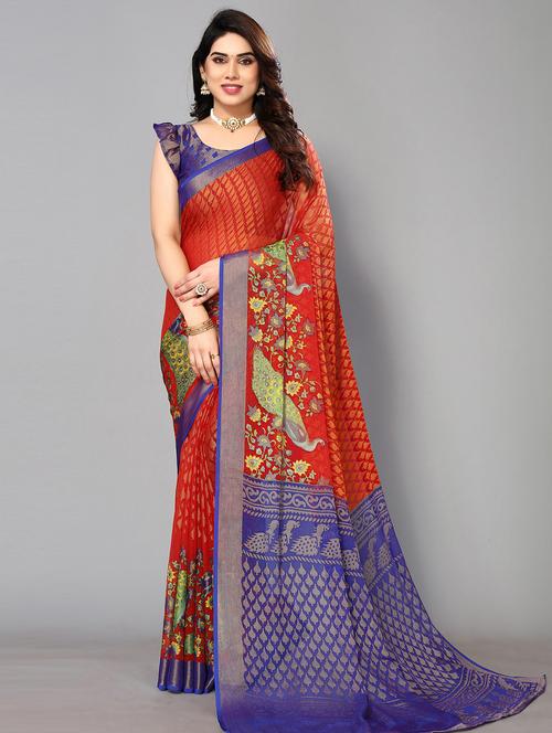 red chiffon printed saree with blouse - 19878436 - Very Small Image - 1