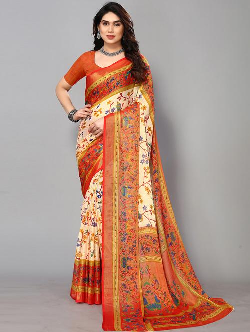 red chiffon printed saree - 19878451 - Very Small Image - 1