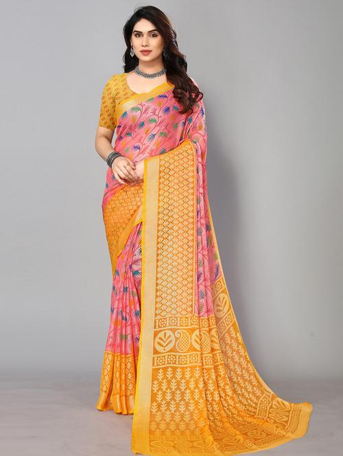 yellow chiffon printed saree with blouse - 19878458 - Very Small Image - 1
