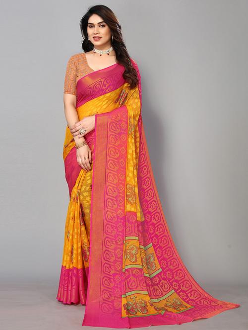 yellow chiffon printed saree with blouse - 19878461 - Very Small Image - 1
