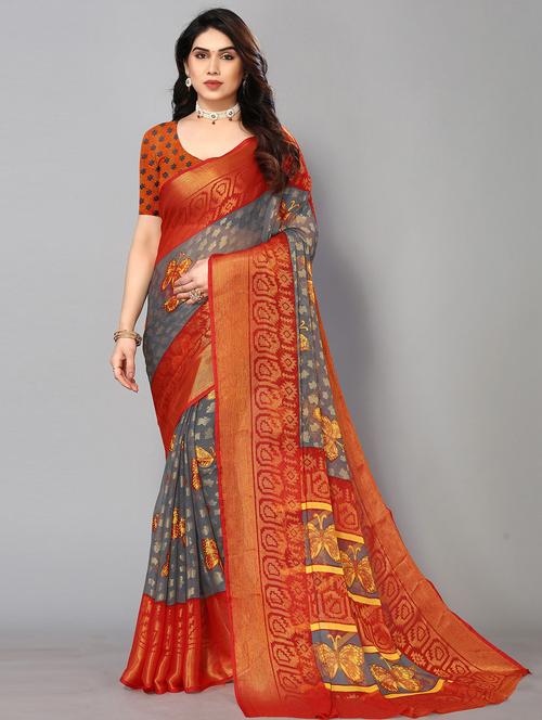 grey chiffon printed saree with blouse - 19878467 - Very Small Image - 1