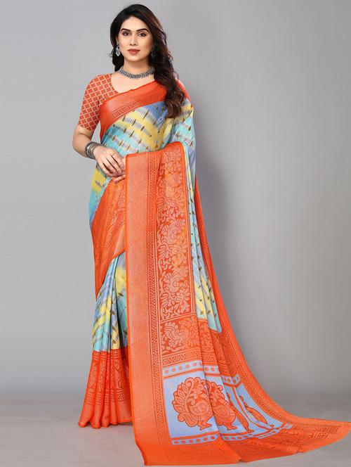 orange chiffon printed saree with blouse - 19878470 - Very Small Image - 1