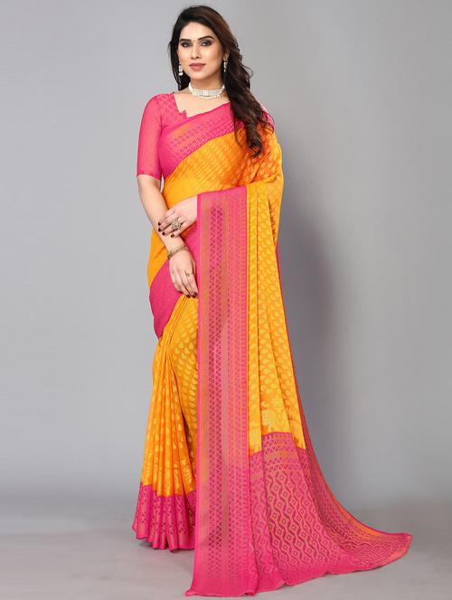 yellow chiffon printed saree with blouse - 19878495 - Very Small Image - 1