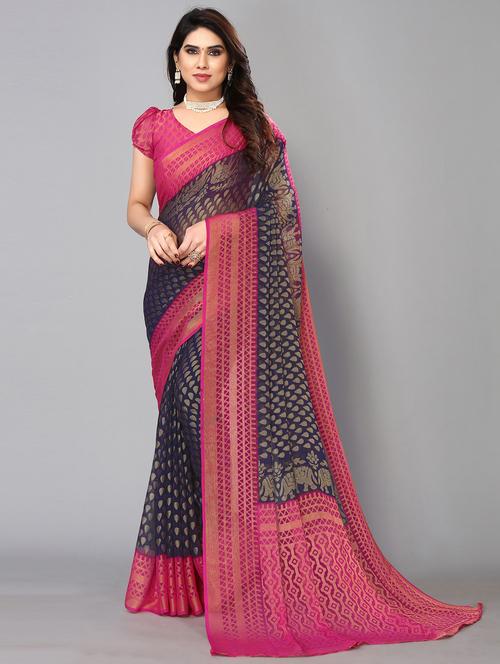 dark blue chiffon printed saree with blouse - 19878497 - Very Small Image - 1