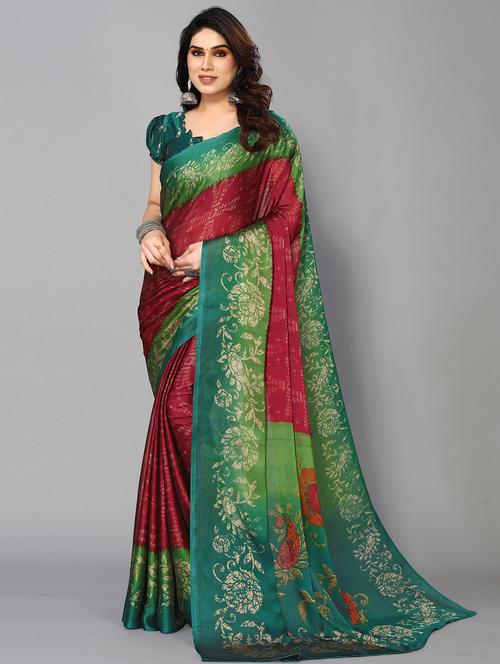 red chiffon printed saree with blouse - 19878556 - Very Small Image - 1