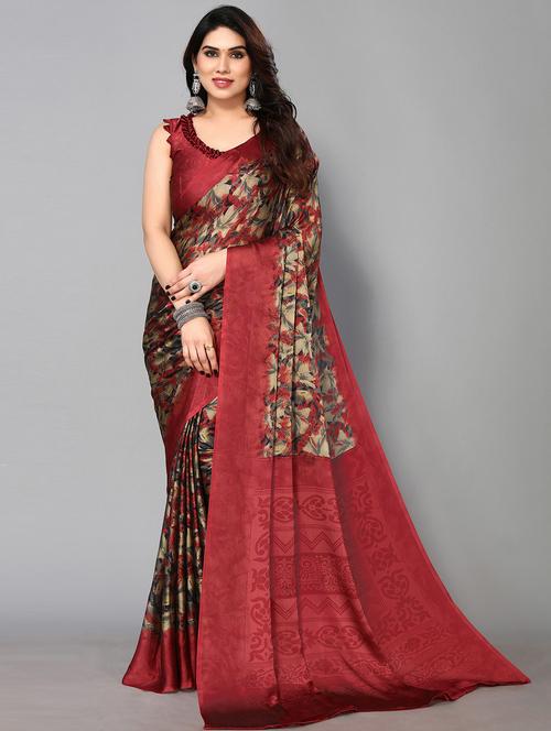maroon chiffon printed saree with blouse - 19878561 - Very Small Image - 1