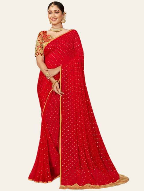 red chiffon printed saree - 19879218 - Very Small Image - 1