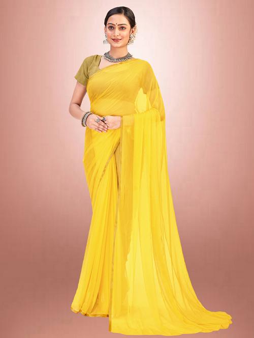 yellow plain saree with blouse piece - 19879240 - Very Small Image - 1